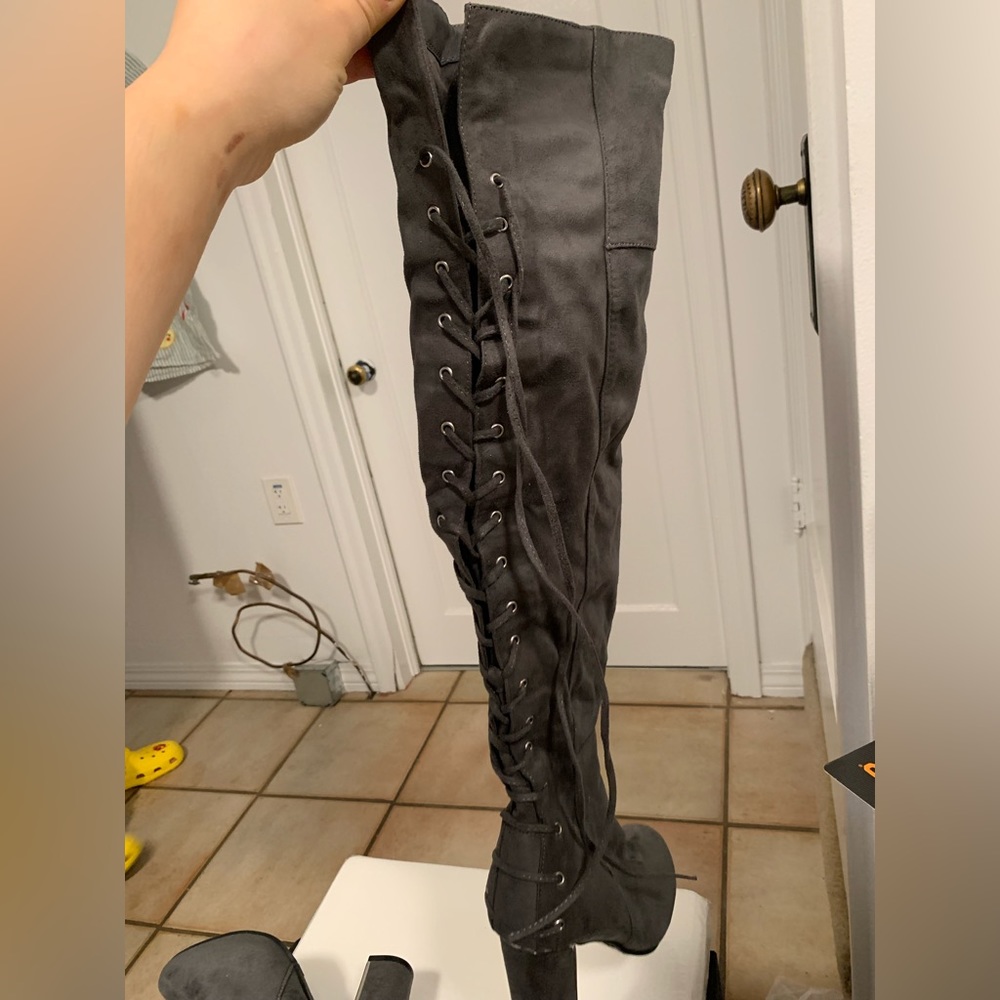 Charlotte Russe Vanessa Grey Lace Up Mirror over the knee Booties